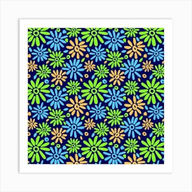 Floral Fun Lime Turquoise Orange On Navy Blue Art Print