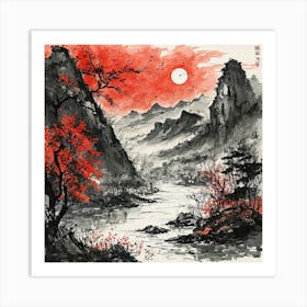 Mountain landscape with river in Chinese style Art Print