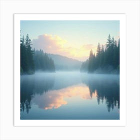 Serene Lake With Mist And Watercolor Sky Reflections 1 Art Print