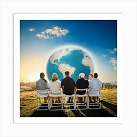 Group Of People Sitting Around A Globe Art Print