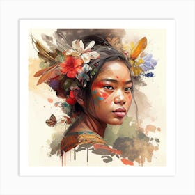 Watercolor Floral Indonesian Native Woman #3 Art Print