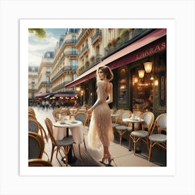 A café in the center of Paris in a beautiful dress by Naderen 3 Art Print