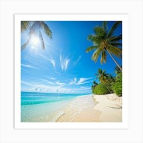 A Sunny Beach In A Tropical Paradise Palm Trees Bending Slightly Above The Turquoise Waters Edge (4) Art Print