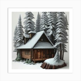 Small wooden hut inside a dense forest of pine trees with falling snow 1 Art Print