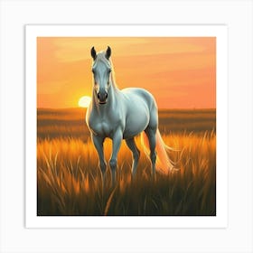 White Horse In The Field At Sunset 1 Art Print