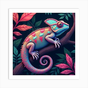 A Whimsical Chameleon With Scales Of Shifting Colors Blending Into A Neon Jungle Art Print