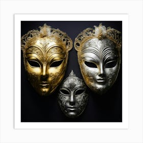 Venetian Masks On Black Background Art Print