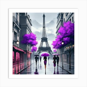 Purple Themed Street Scene With The Eiffel Tower In The Background And People Carrying Purple Umbrellas Art Print