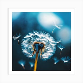 Floating White Dandelion Seeds in the Blue Light  Art Print