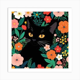 Black Cat With Flowers 6 Art Print