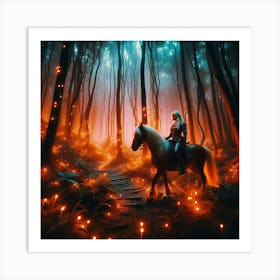 Woman Riding Horse In The Forest Art Print