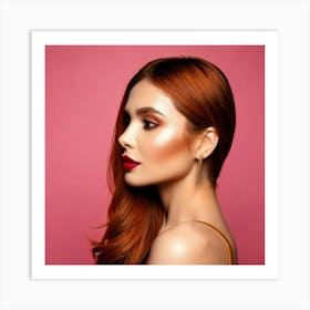 Firefly Elegance In Profile Woman With Brown Eyes And Red Lips On Rosé Background 73965 Art Print