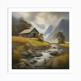 'Riverside Cabin' Art Print