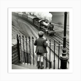 Boy Looking At Steam Train Art Print