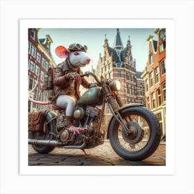 Steampunk Rat On A Motorcycle In The Center Of Amsterdam 1 Art Print