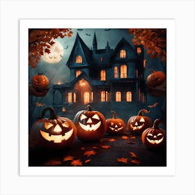 Halloween Pumpkins In Front Of A House Art Print