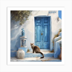 Greek Blue Door Cat  Art Print