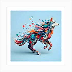 A Wolf, Minimalistic Colorful Organic Forms, Energy, Assembled, Layered, Depth, Alive Vibrant, 3d, Abstract, On A Light Blue Background (1) Art Print