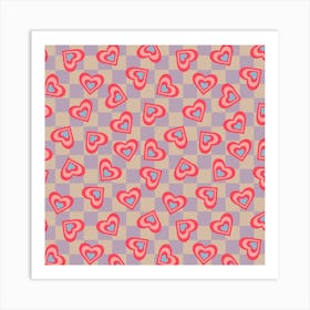 LOVE HEARTS CHECKERBOARD Tossed Retro Valentines in Red Pink Blue on Beige Lavender Purple Geometric Grid Art Print