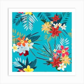 Frangipani, Lily Palm Leaves Tropical Vibrant Colored Trendy Summer Pattern Square Art Print