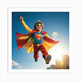 A Dynamic Superhero Costume Clad Business Leader Soaring Through A Bright Summer Sky Their Cape Rip (4) Art Print