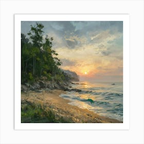 Seashore At Sunset In The Style Of A Rural Paintin Art Print