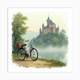 Classic Bike By A Historic Castle With Mist Watercolor 1 Art Print