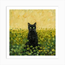 Black Cat In Clover Field Art Print