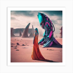 Futuristic Woman Standing In Desert Art Print