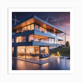 Modern House With Wind Turbines Art Print