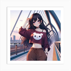 Cute Anime Girl Exploring a Bridge Art Print