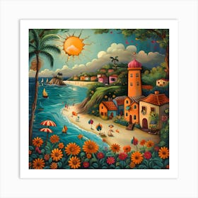 Santa Cruz Beach, Naive, Whimsical, Folk Art Print