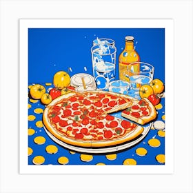 Pizza Cartoon Illustration Blue Checkerboard Art Print