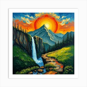 Sunset Over Waterfall Art Print