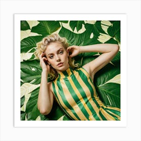 A Queer Model In A Yellow And Green Striped Top Lays On A Green And White Leaf Print Backdrop The Sc 1761942182 Art Print