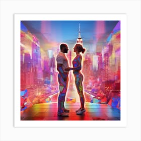 Night In New York City. City Love in Colorful Contrast: Magenta, Green and Two Hearts Intertwined Art Print