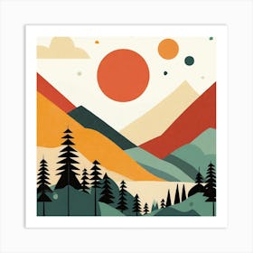 Forest And Mountains On A White Background, Geometric Abstract Art Art Print