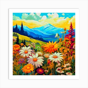 Wildflowers In The Mountains is a painting of a mountain scene with flowers. Art Print