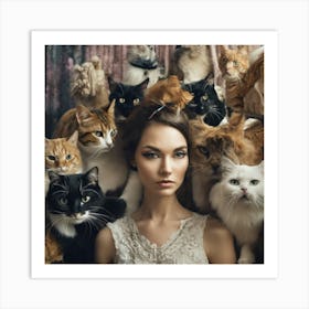 Portrait Of A Woman With Cats Art Print