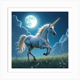 Ethereal Unicorn Galloping Through A Moonlit Meadow 1 Art Print