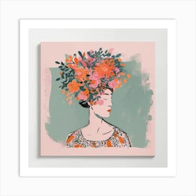 watercolour woman portrait with  floral head crown  Art Print