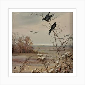 Two Crows Perched On A Branch Art Print