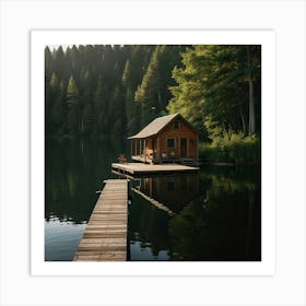 A Peaceful Lakeside Cabin With A Wooden Dock And A Canoe Tied To It 2 Art Print