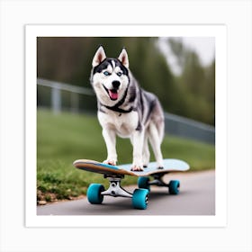 Husky Dog On Skateboard Art Print