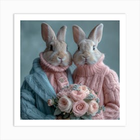 Two Rabbits Holding Bouquets Art Print