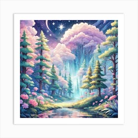 A Fantasy Forest With Twinkling Stars In Pastel Tone Square Composition 348 Art Print