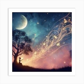 Girl In A Tree At Night Art Print