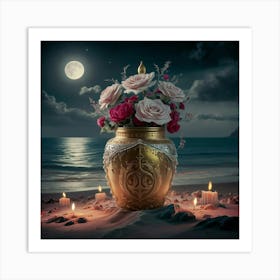 A golden jar on beach under moonlight 4 Art Print