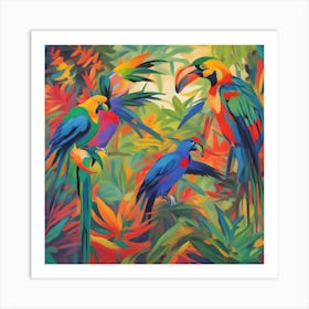 Parrots In The Jungle Fauvism Tropical Birds in the Jungle 1 Art Print