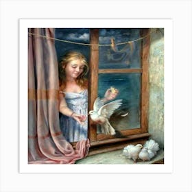 Girl With Pigeons Art Print